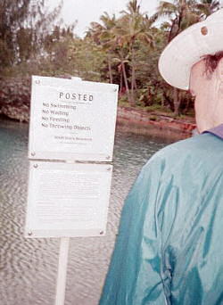 George inspects the "No Wading" sign